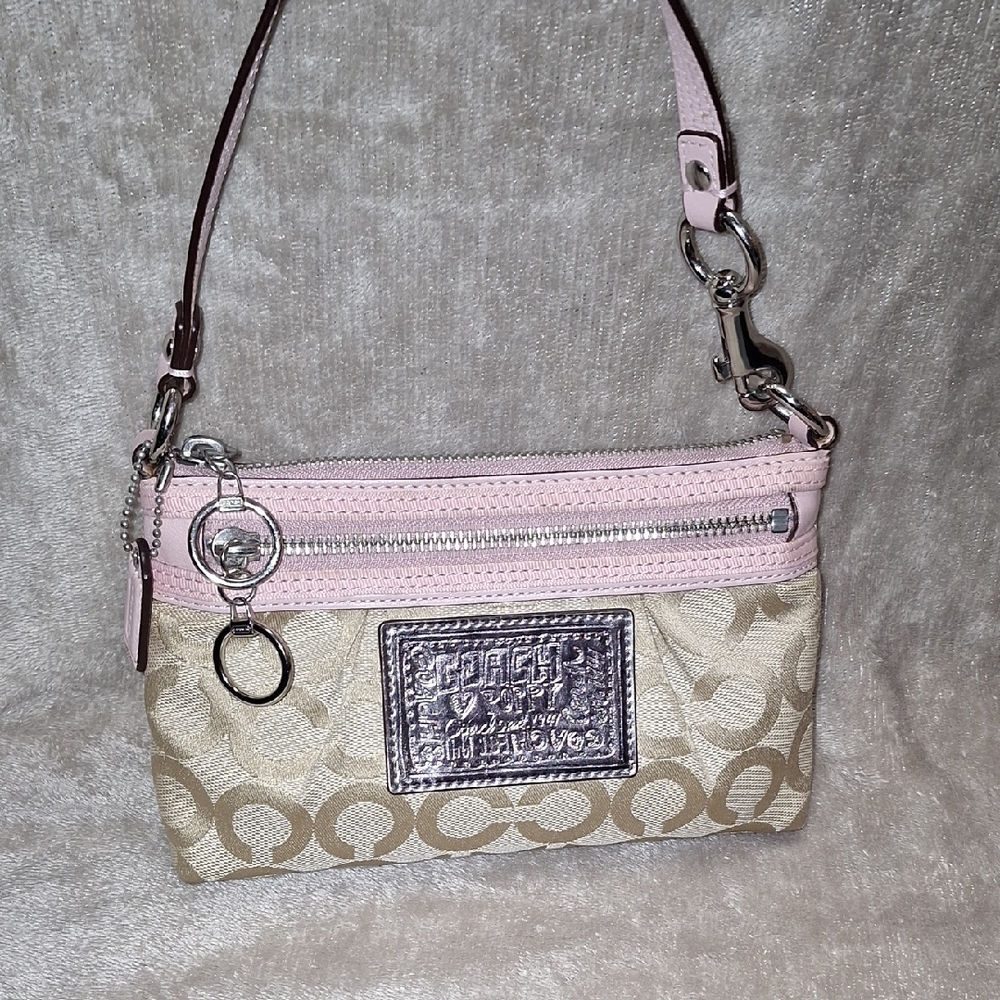 Coach Poppy Pink and Tan Signature C Wristlet/Clutch